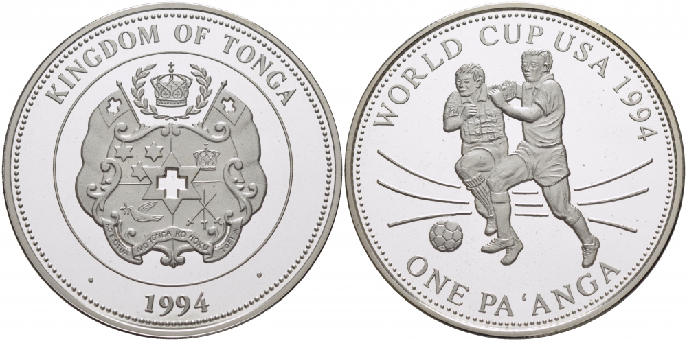 Тонга 1 паанга 1994 чемпионат мира по футболу в США, 1994 год KM 161 серебро PROOF 11-152-33