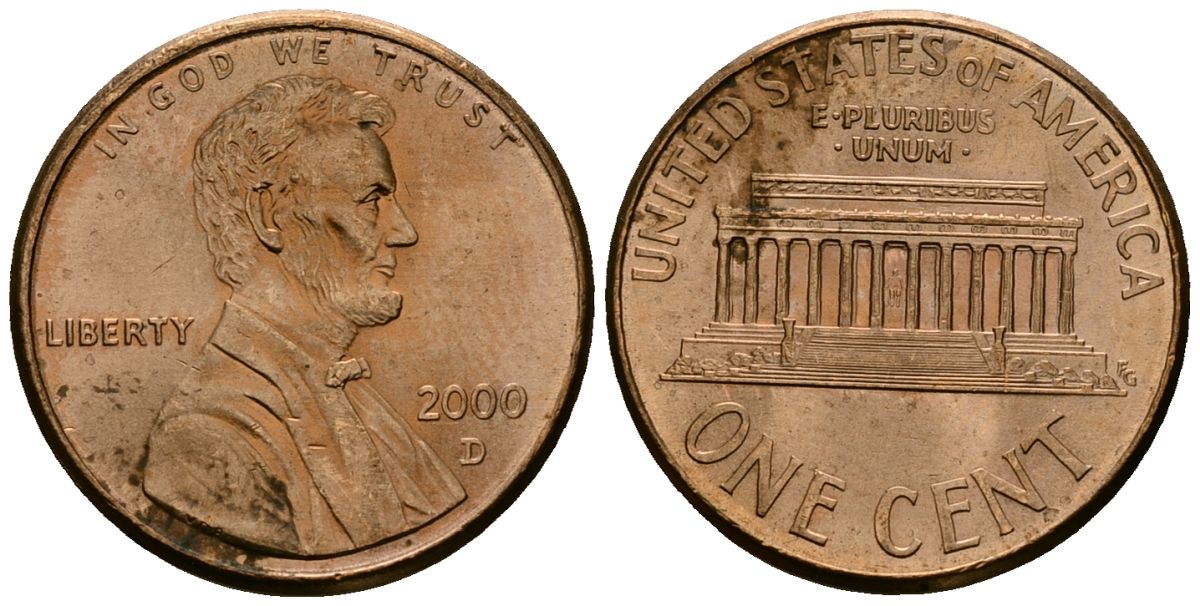 США 1 цент 2000 D, Линкольн KM 201b цинк плакированный медью 4136-362