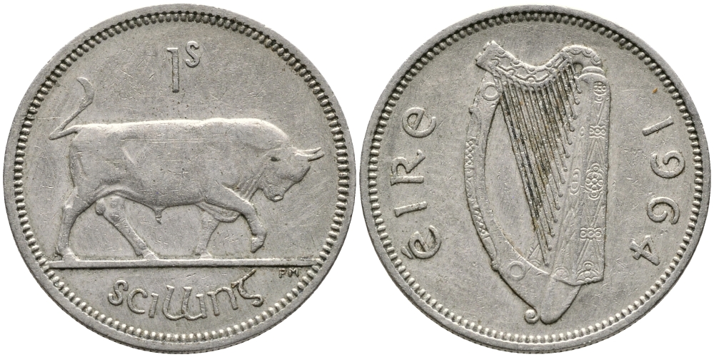 ИРЛАНДИЯ 1 ШИЛЛИНГ 1964 БЫК KM 14а медно-никель 28-831