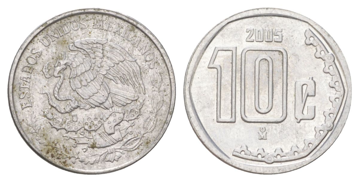 Мексика 10 сентаво 2005 KM 547 нержавеющая сталь aUNC 4627-1014