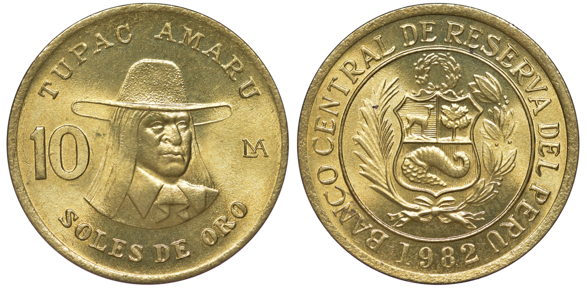 Перу 10 солей 1982 Тупак Амару II KM 272.2 латунь aUNC 4605-414
