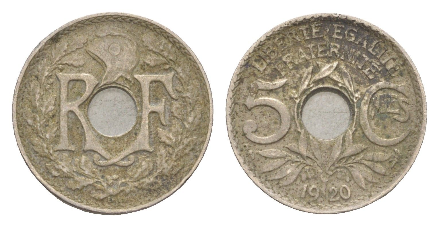 Франция 5 сантимов 1920 KM 865 медно-никель 83-224