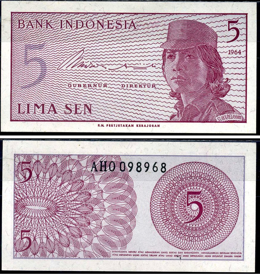 Индонезия 5 сенов 1964 девушка волонтер Pick 91 a  бумага  UNC (пресс) 7487-36-3-2