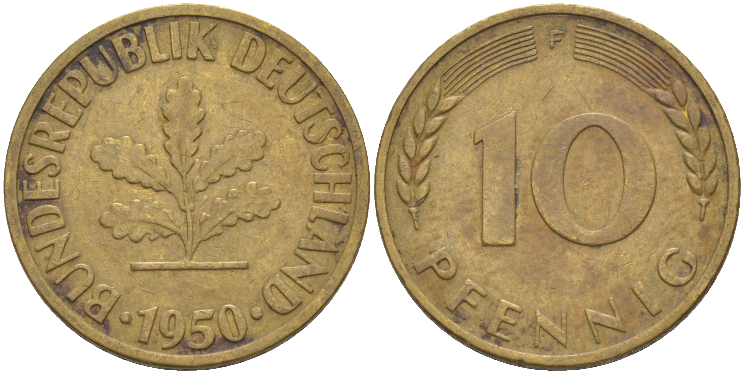 ФРГ 10 пфеннигов 1950 F KM 108, J. 383 сталь плакированная латунью 259-421