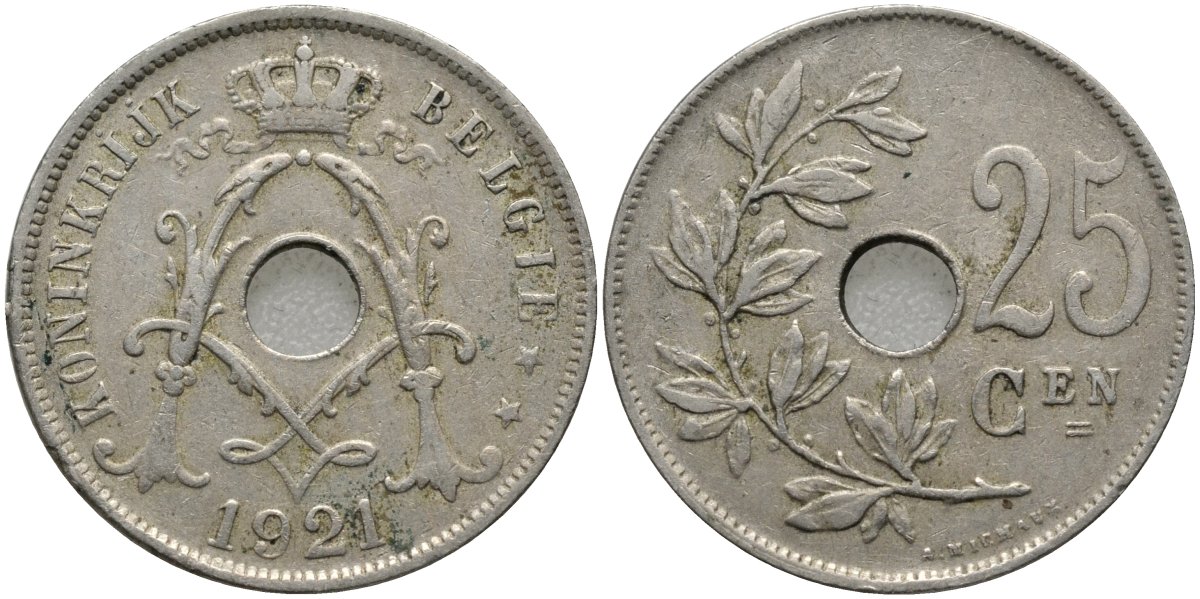Бельгия 25 сантимов 1921 BELGIE KM 69 медно-никель 4171-646