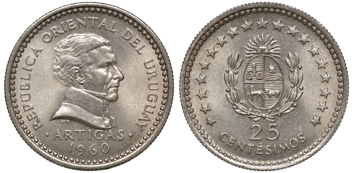 Уругвай 25 сентесимо 1960 KM 40 медно-никель 4169-939