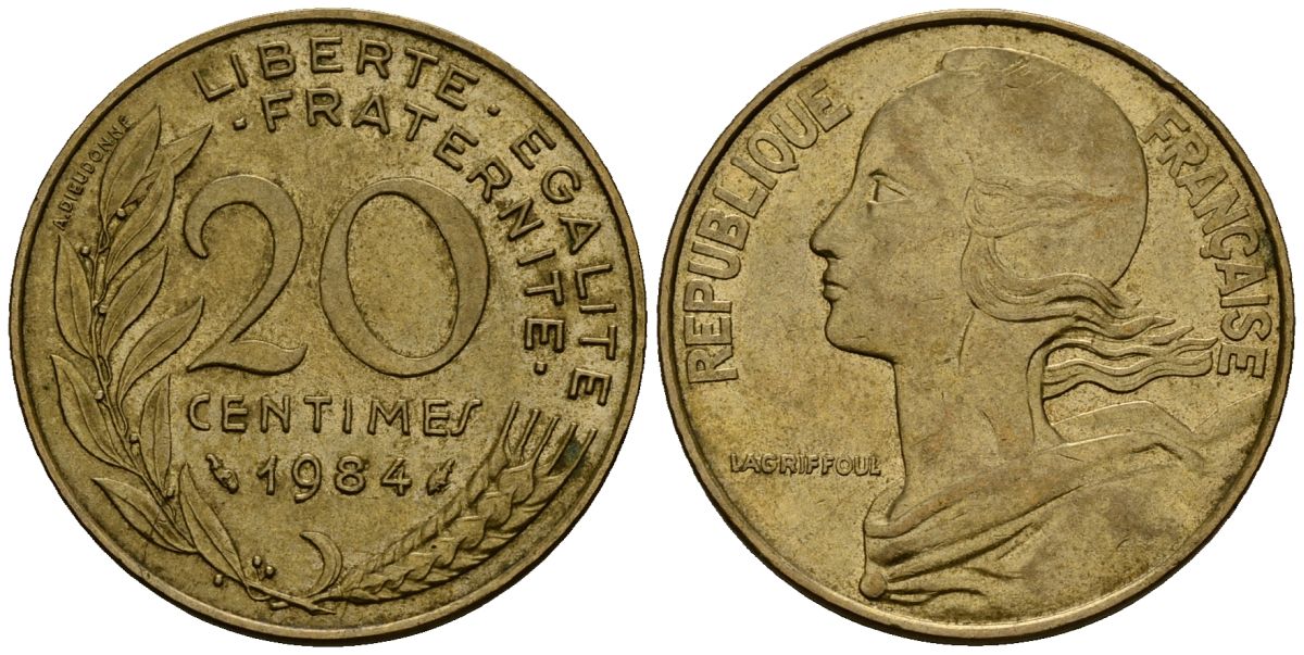 Франция 20 сантимов 1984 тип Marianne KM 930, Le Franс 156.24 алюминиевая бронза 4138-347