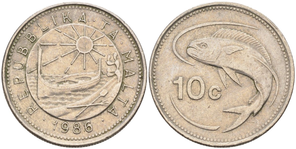 Мальта 10 центов 1986 золотая макрель KM 76 медно-никель 4588-158