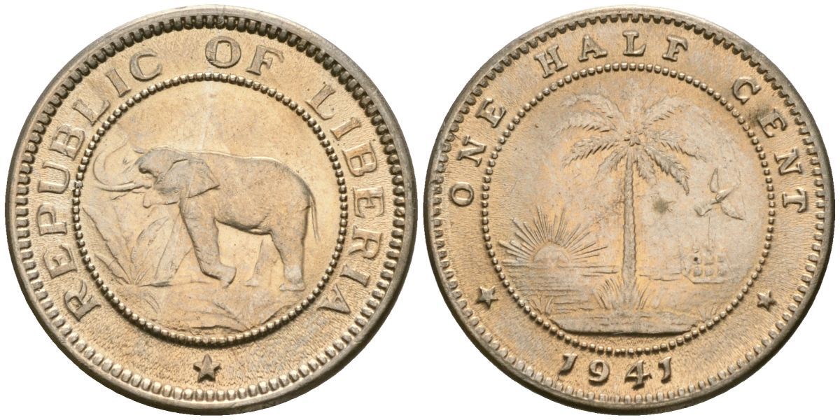 Либерия 1/2 цента 1941 KM 10a медно-никель UNC 4174-331