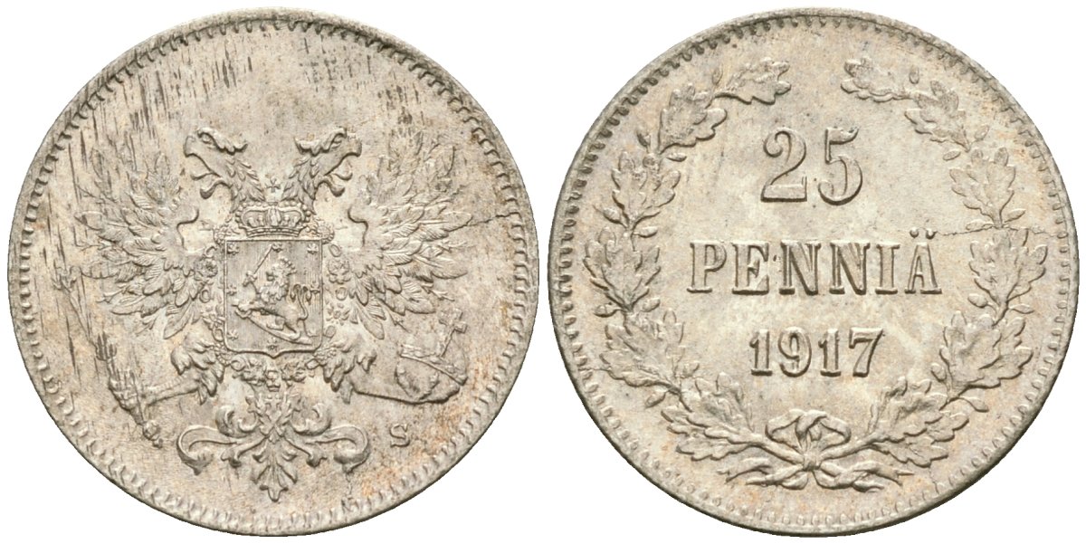 Россия для Финляндии 25 пенни 1917 S, временное правительство, без короны KM 19, Биткин 2 серебро aUNC 4580-1228