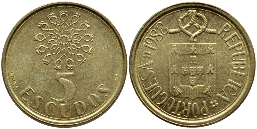 ПОРТУГАЛИЯ 5 ЭСКУДО 1988 KM 632 никель латунь 4395-926