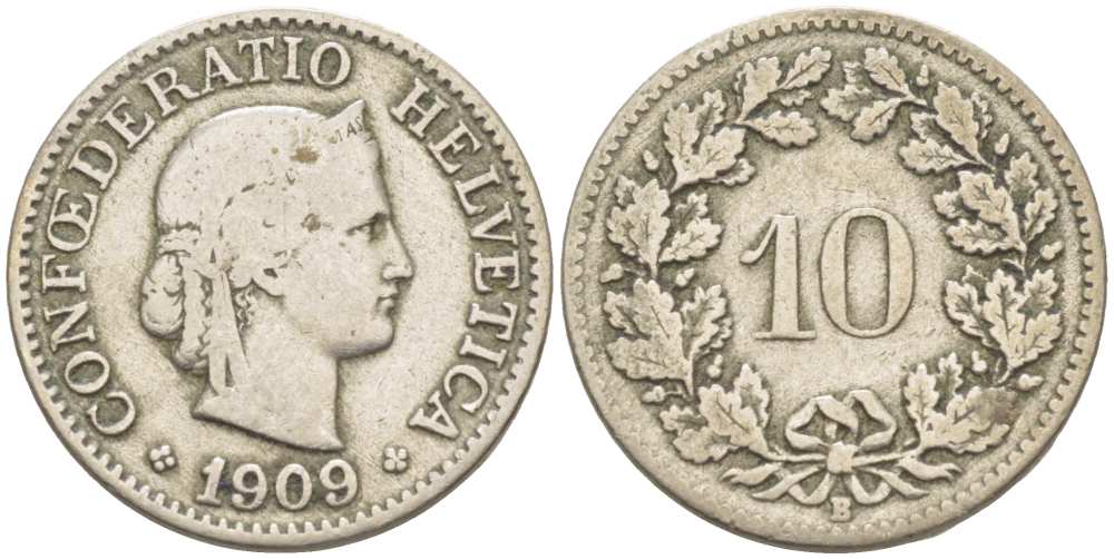 ШВЕЙЦАРИЯ 10 РАППЕНОВ 1909 В KM 27 медно-никель 4513-222
