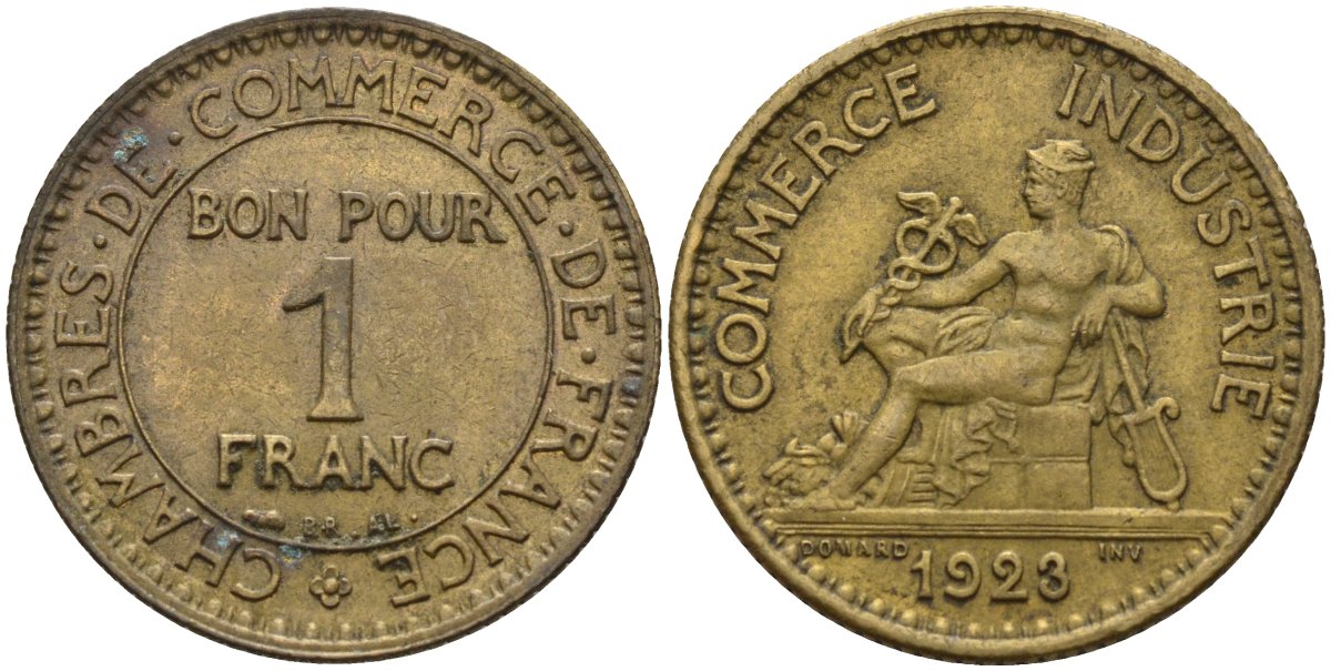 Франция 1 франк 1923 KM 876, Le Franc 218.5 алюминиевая бронза 4142-725