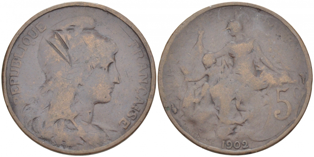 ФРАНЦИЯ 5 САНТИМОВ 1902 ТИП ДАНИЭЛЬ ДЮПЮИ KM 842, LE FRANC 119.12 бронза 77-243