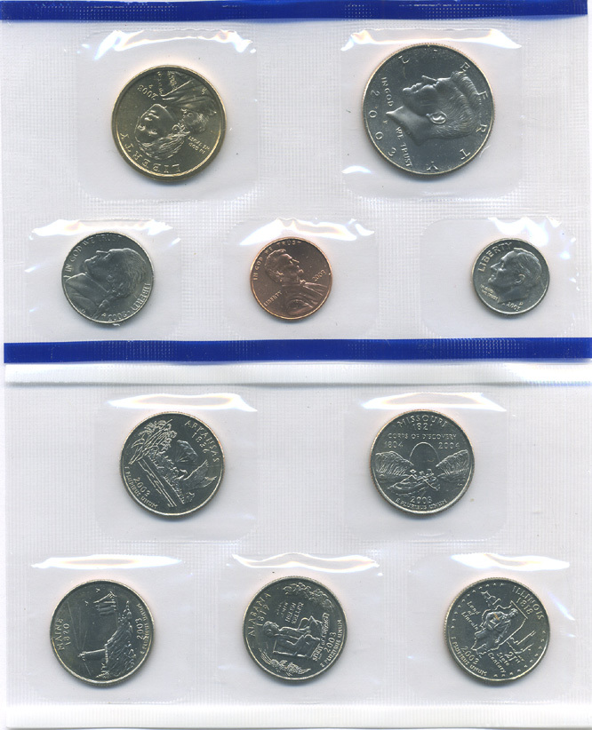 США два набора в одном 2003 два официальных набора в целлофановой запайке, буква Р, годовой набор и пять квотеров, штат Арканзас, Алабама, Миссури, Иллинойс, Мэн, в конверте с сертификатом, Филадельфия  медь плакированная медно-никелем UNC 7-5-6-29