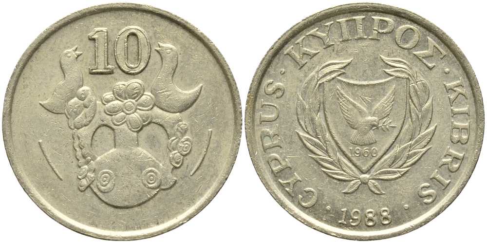 КИПР 10 ЦЕНТОВ 1988 ПТИЧКИ НА ВАЗЕ KM 56.2 никель латунь 113-743