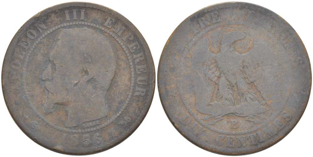 ФРАНЦИЯ 10 САНТИМОВ 1856 B, НАПОЛЕОН III (1852-1870) KM 771.2, LE FRANC 133.33 бронза 215-611