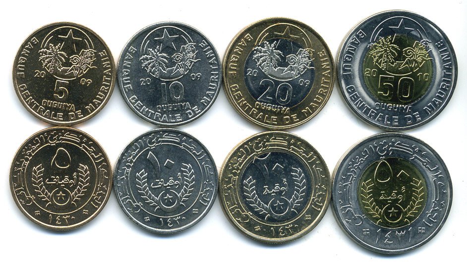 Мавритания лот из 4 монет 2009-2010 5, 10, 20, 50 угуйя, две монеты биметалл UNC M77-15