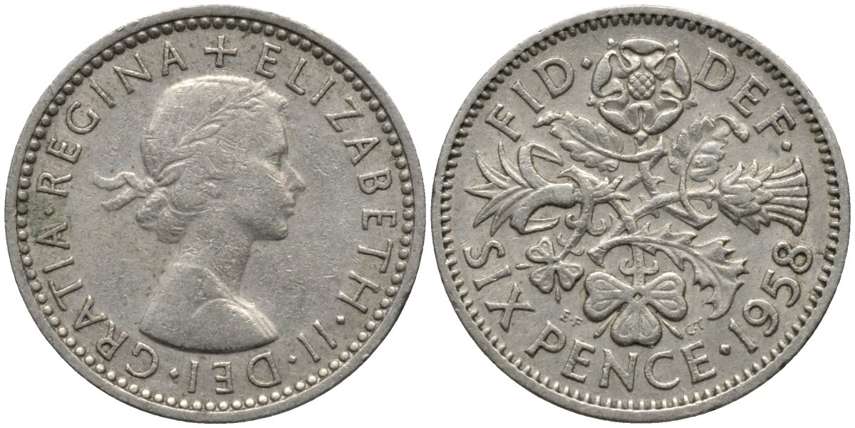 Великобритания 6 пенсов 1958 Елизавета II (1952-2022) KM 903, Spink 4149 медно-никель 4567-512
