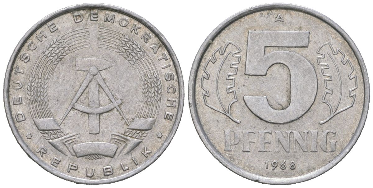 ГДР 5 пфеннигов 1968 A KM 9.1 алюминий 188-423
