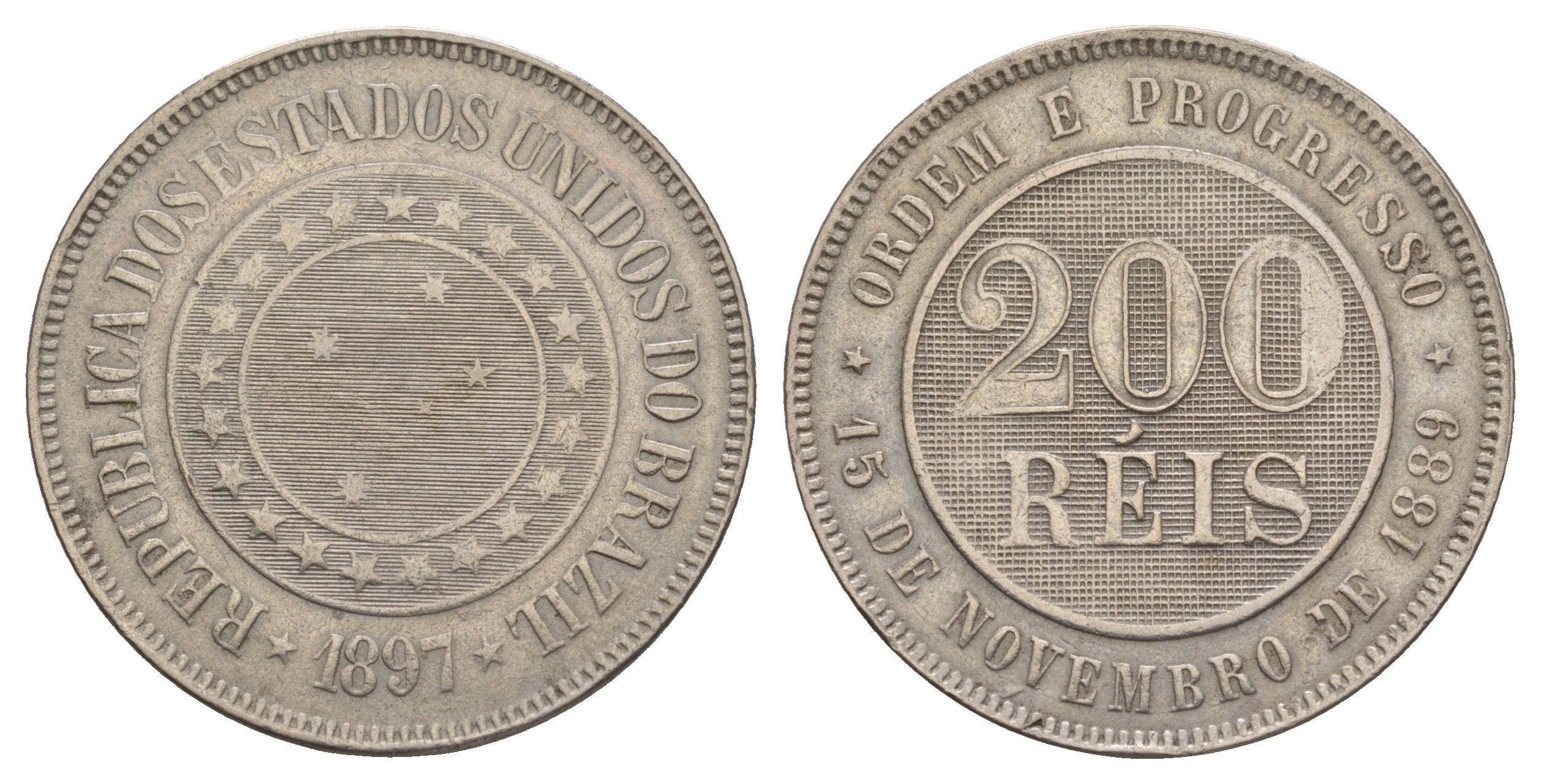 Бразилия 200 реалов (рейсов) 1897 KM 493 медно-никель 1519-1422