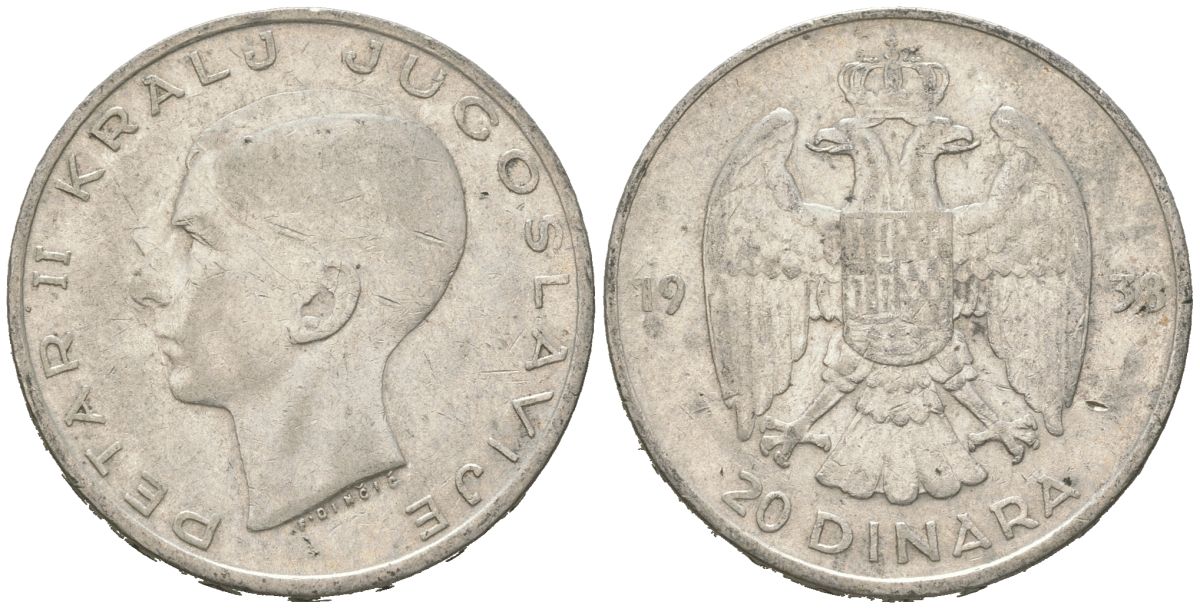 Югославия 20 динаров 1938 Петр II (1934-1945) KM 23 серебро 4182-356