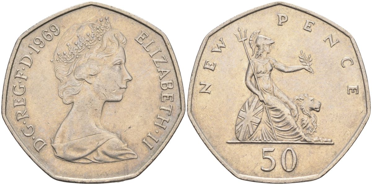 Великобритания 50 пенсов 1969 Елизавета II (1952-2022) KM 913, Spink 4223 (H1) медно-никель 4117-631