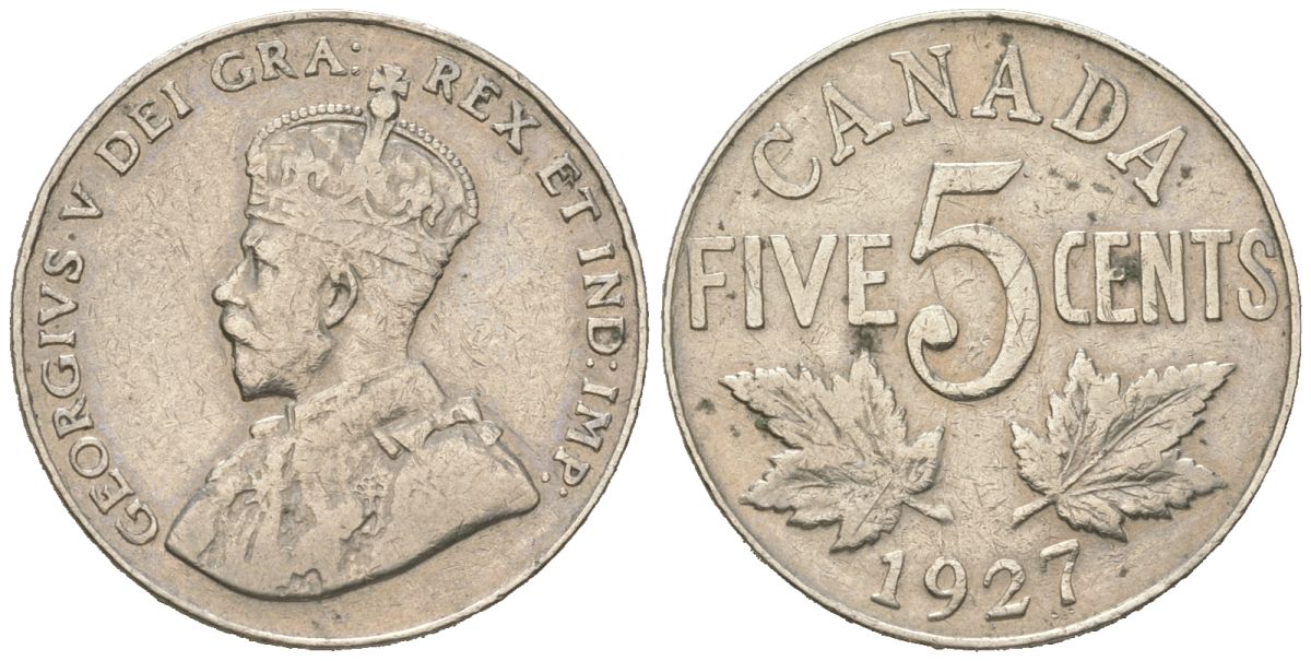 Канада 5 центов 1927 Георг V (1910-1936) KM 29 никель 110-1025