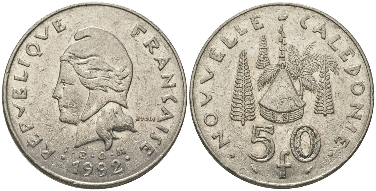 Французская Новая Каледония 50 франков 1992 хижина среди сосен и пальм, (IEOM) KM 13, Schoen 15, Lec 121 никель 111-516