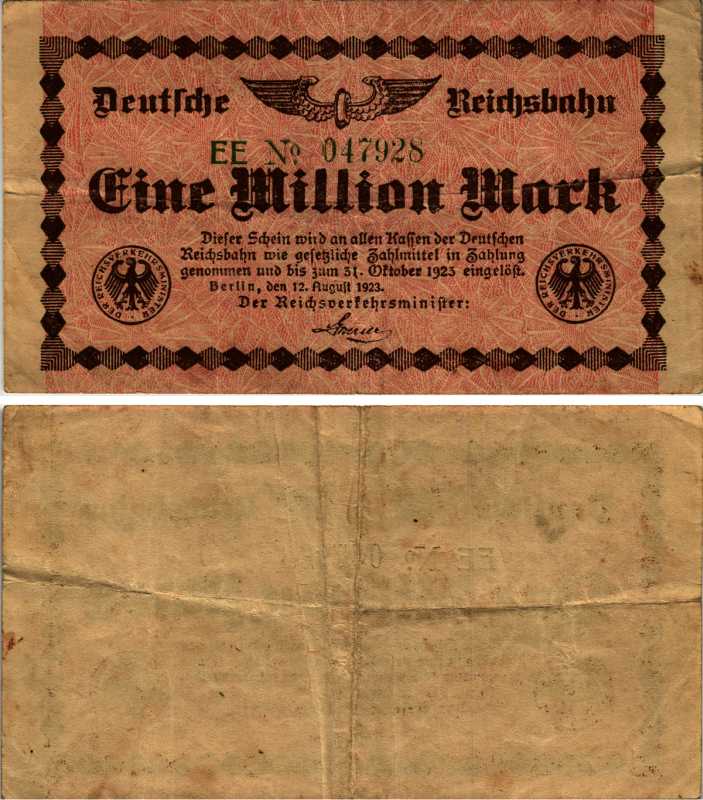 ГЕРМАНИЯ 1000000 МАРОК 1923 БЕРЛИН, 12 АВГУСТА 1923, НОТГЕЛЬД Keller 340a бумага 6318-8-3-2