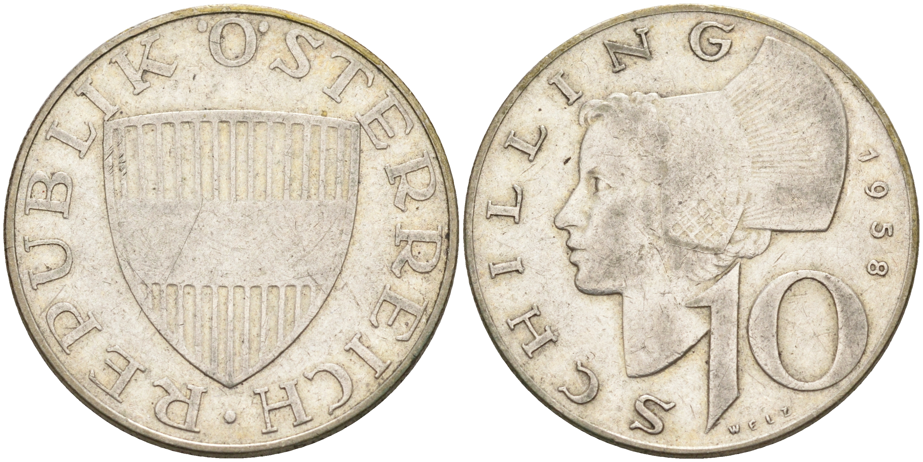 Австрия 10 шиллингов 1958 KM 2882 серебро 63-915