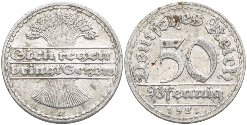 ГЕРМАНИЯ 50 ПФЕННИГОВ 1921 D KM 27, J. 301 алюминий 4539-743