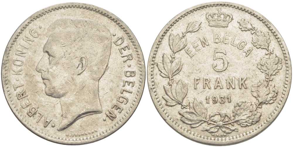 БЕЛЬГИЯ 5 ФРАНКОВ 1931 АЛЬБЕРТ I, DER BELGEN KM 98 никель 3851-344