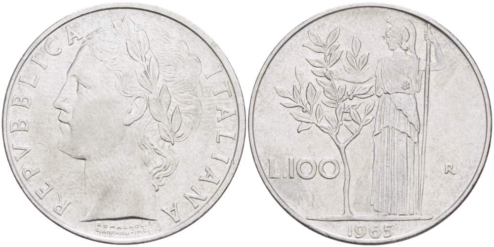 ИТАЛИЯ 100 ЛИР 1965 R, АФИНА KM 96.1 нержавеющая сталь 4526-316