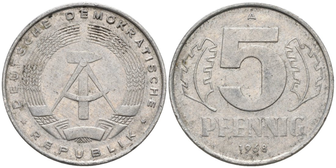 ГДР 5 пфеннигов 1968 А KM 9.1 алюминий 4564-1036