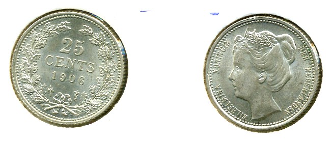 Нидерланды 25 центов 1906 Вильгельмина (1890-1948) KM 120.2 серебро 503-114