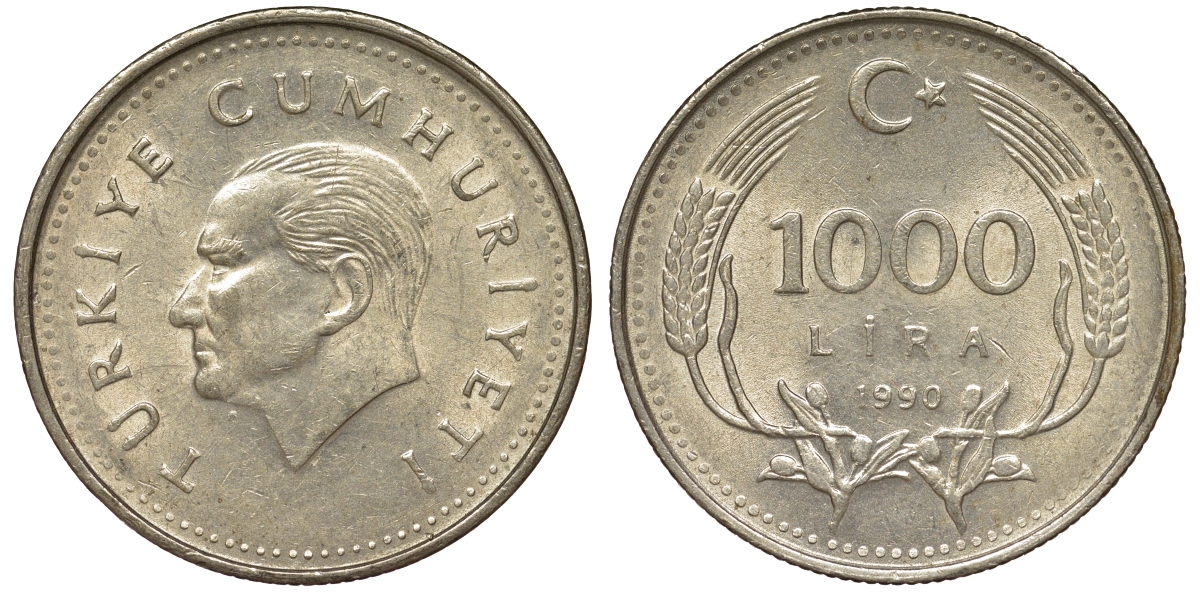 Турция 1000 лир 1990 Кемаль Ататюрк KM 997 медь цинк никель 62-1233