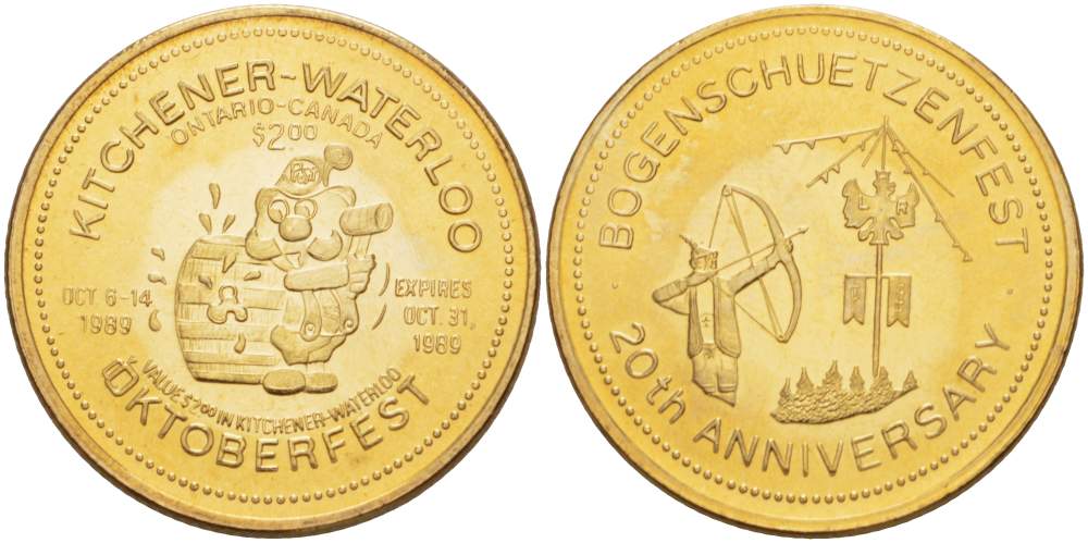 КАНАДА ЖЕТОН 1989 ОКТОБЕРФЕСТ, 20 ЛЕТ ФЕСТИВАЛЮ ЛУЧНИКОВ, KITCHENER-WATERLOO, БАВАРСКИЙ ФЕСТИВАЛЬ В КАНАДЕ (6-14 ОКТЯБРЯ), ДИАМЕТР 33 ММ. жёлтый металл 4527-932