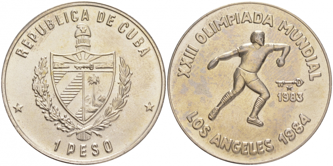 Куба 1 песо 1983 XXII Олимпийские игры в Лос-Анжелесе 1984 года, метание диска KM 174 медно-никель UNC 189-813