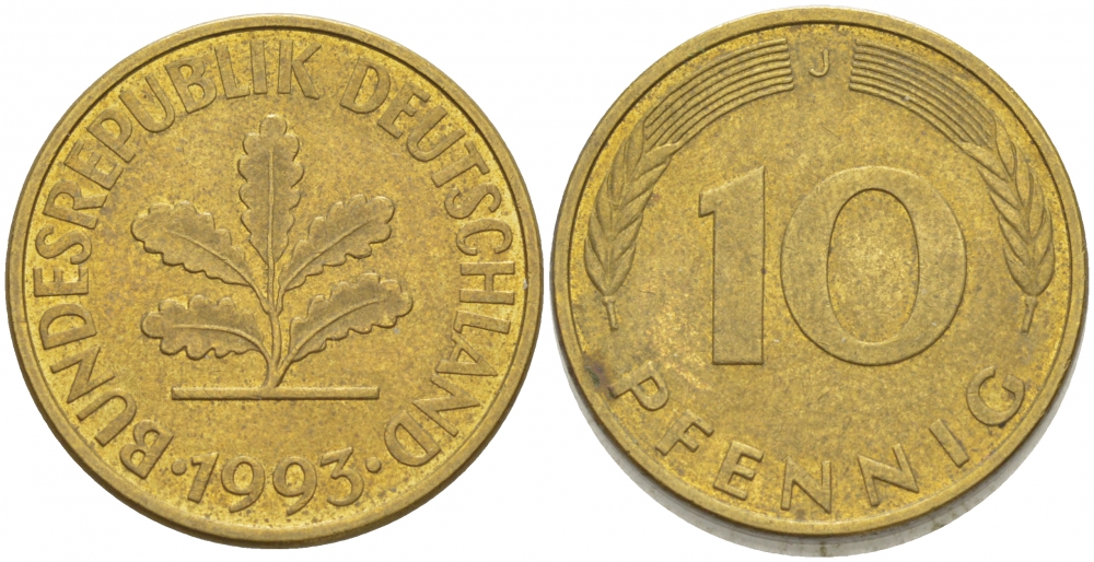 ФРГ 10 ПФЕННИГОВ 1993 J KM 108, J.383 сталь плакированная латунью 3718-845