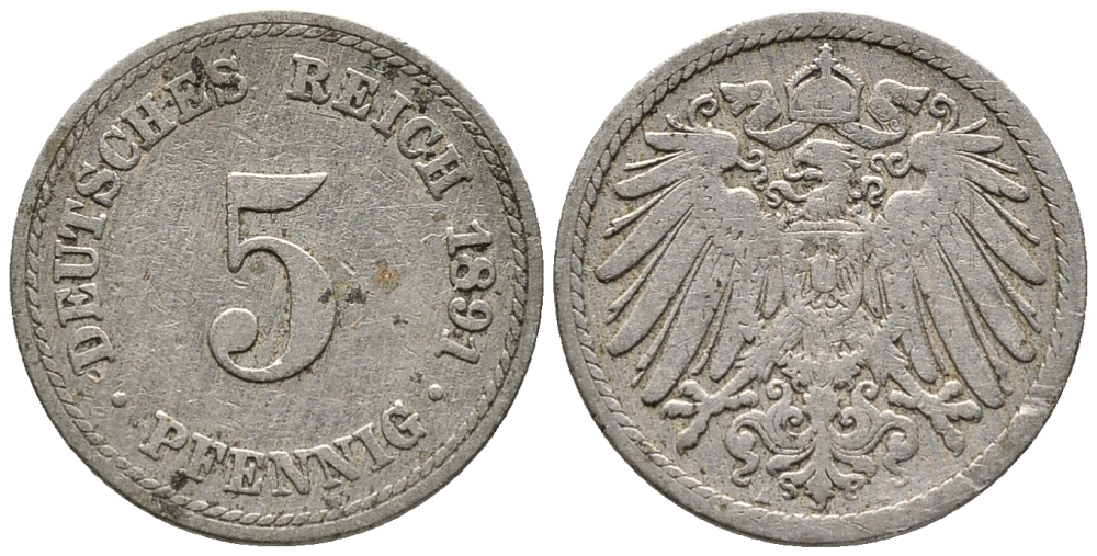 ГЕРМАНИЯ 5 ПФЕННИГОВ 1891 A KM 11, J. 12 медно-никель 39-642