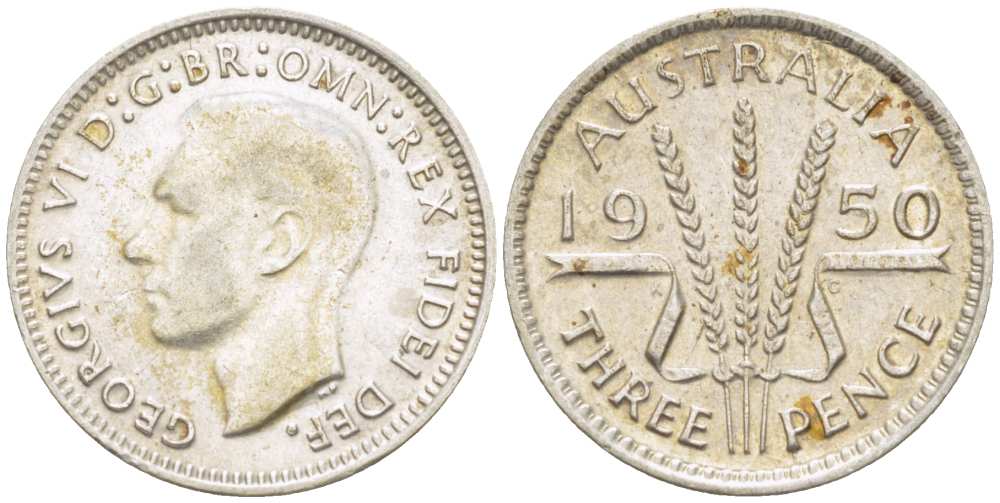Австралия 3 пенса 1950 m, Георг VI (1937-1952), без букв KM 44 серебро 4516-144