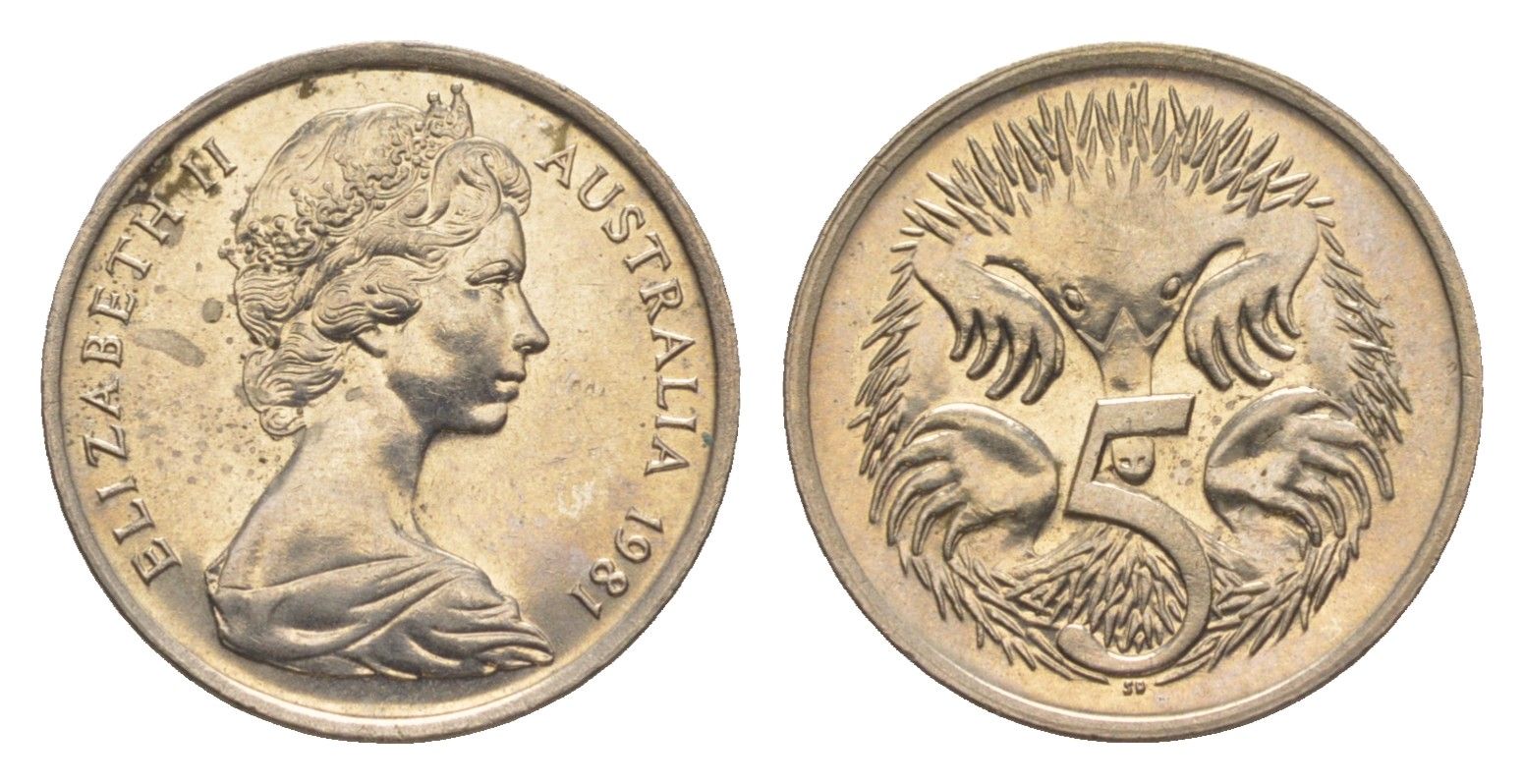 Австралия 5 центов 1981 Елизавета II (1952-2022) молодой портрет, ехидна KM 64 медно-никель UNC 4152-523