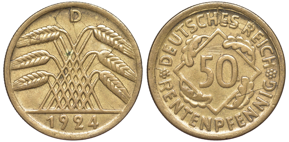 Германия 50 рентенпфеннигов 1924 D J. 310, KM 34 алюминиевая бронза 4118-325