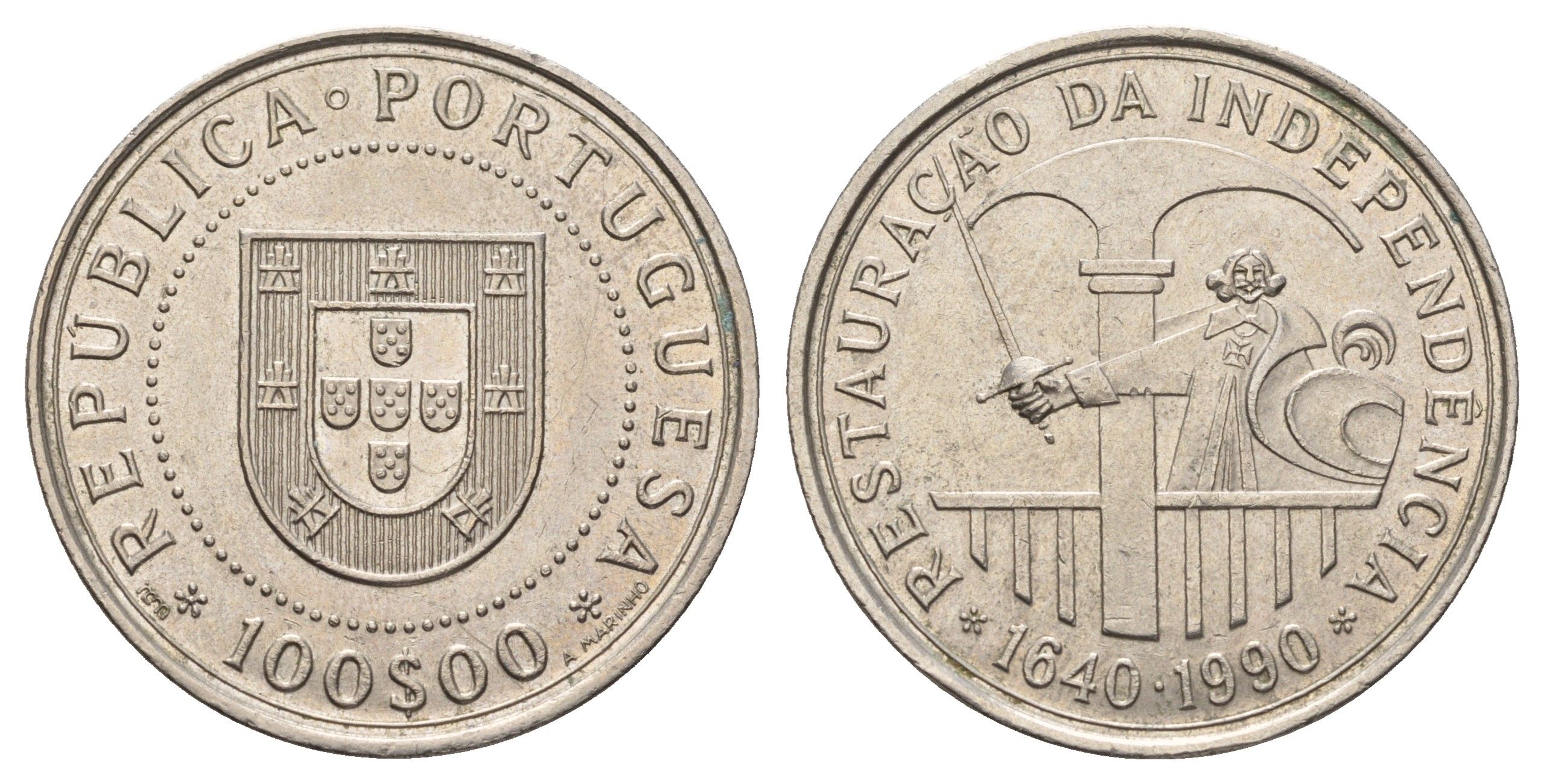 Португалия 100 эскудо 1990 350 лет со дня восстановления португальской независимости KM 651 медно-никель UNC 4565-211
