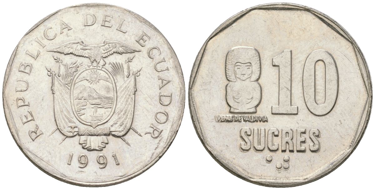 Эквадор 10 сукре 1991 KM 92 сталь плакированная никелем 4511-821