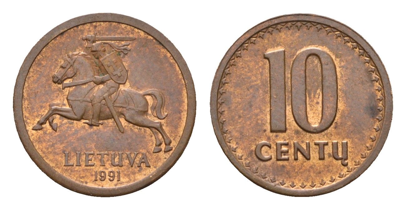 Литва 10 центов (сентов) 1991 год-тип KM 88 бронза aUNC 4689-1047