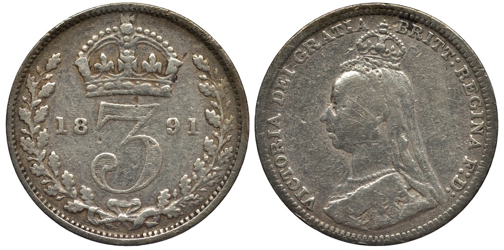 Великобритания 3 пенса 1891 Виктория (1837-1901) KM 758, Spink 3931 серебро 4528-367