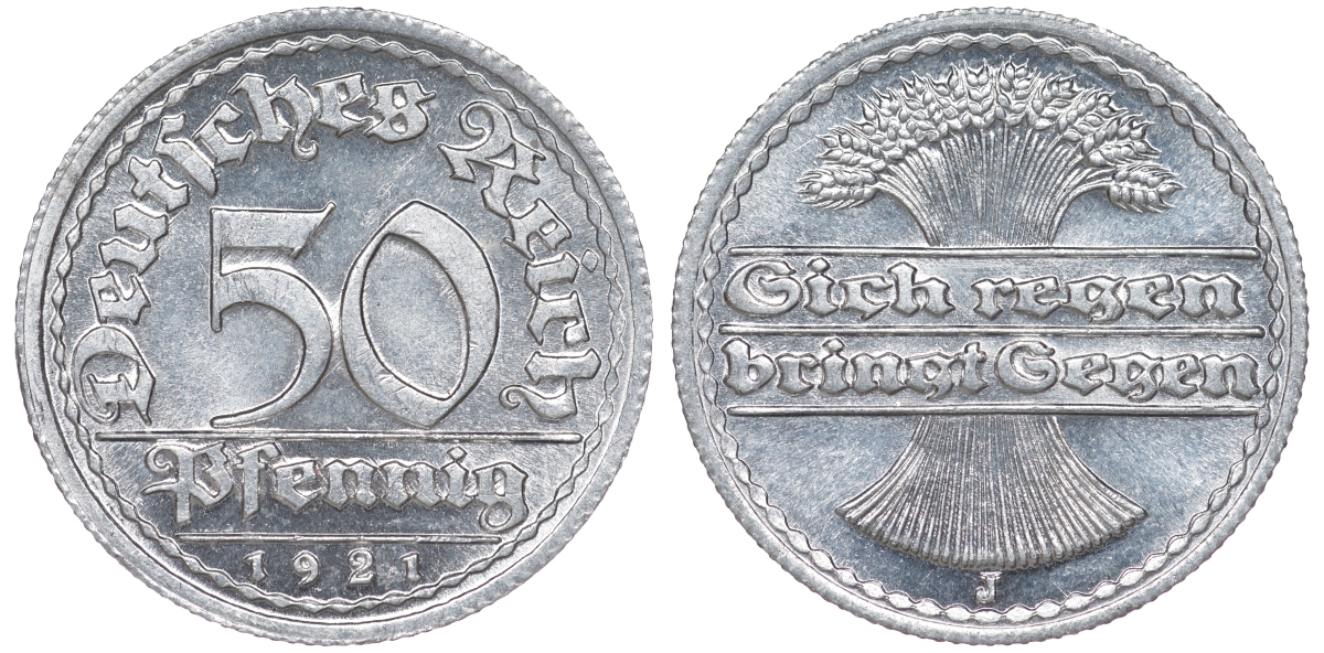 Германия 50 пфеннигов 1921 J KM 27, J. 301 алюминий aUNC 4114-856