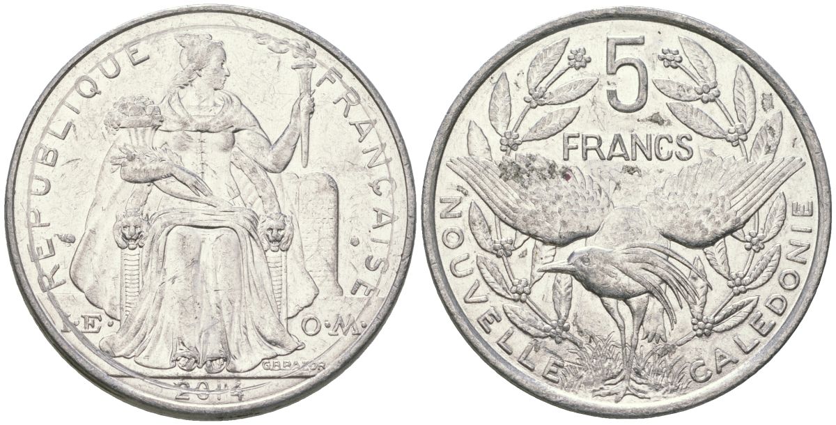 Французская Новая Каледония 5 франков 2014 птица кагу, (IEOM) KM 16, Schoen 12, Lec 81k алюминий 4117-1045